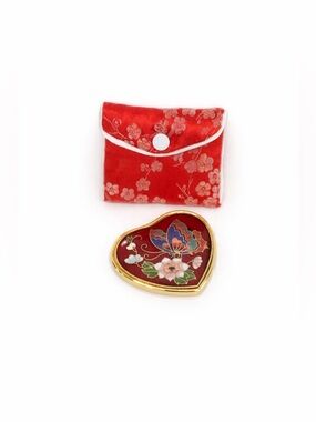 Vintage Red Heart-Shaped Cloisonné Mirror with Floral Butterfly Design
